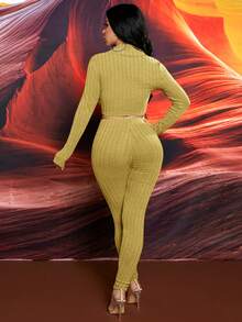 SHEIN SXY Bộ áo thun và quần legging có gân bất đối xứng dành cho nữ - Màu vàng - Xem 2
