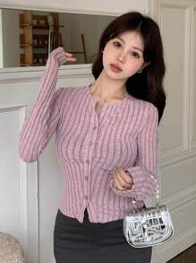 Dazy Star 女式纽扣领拼色罗纹 T 恤长袖女式上衣，秋季女装 - 粉色 - 查看 1