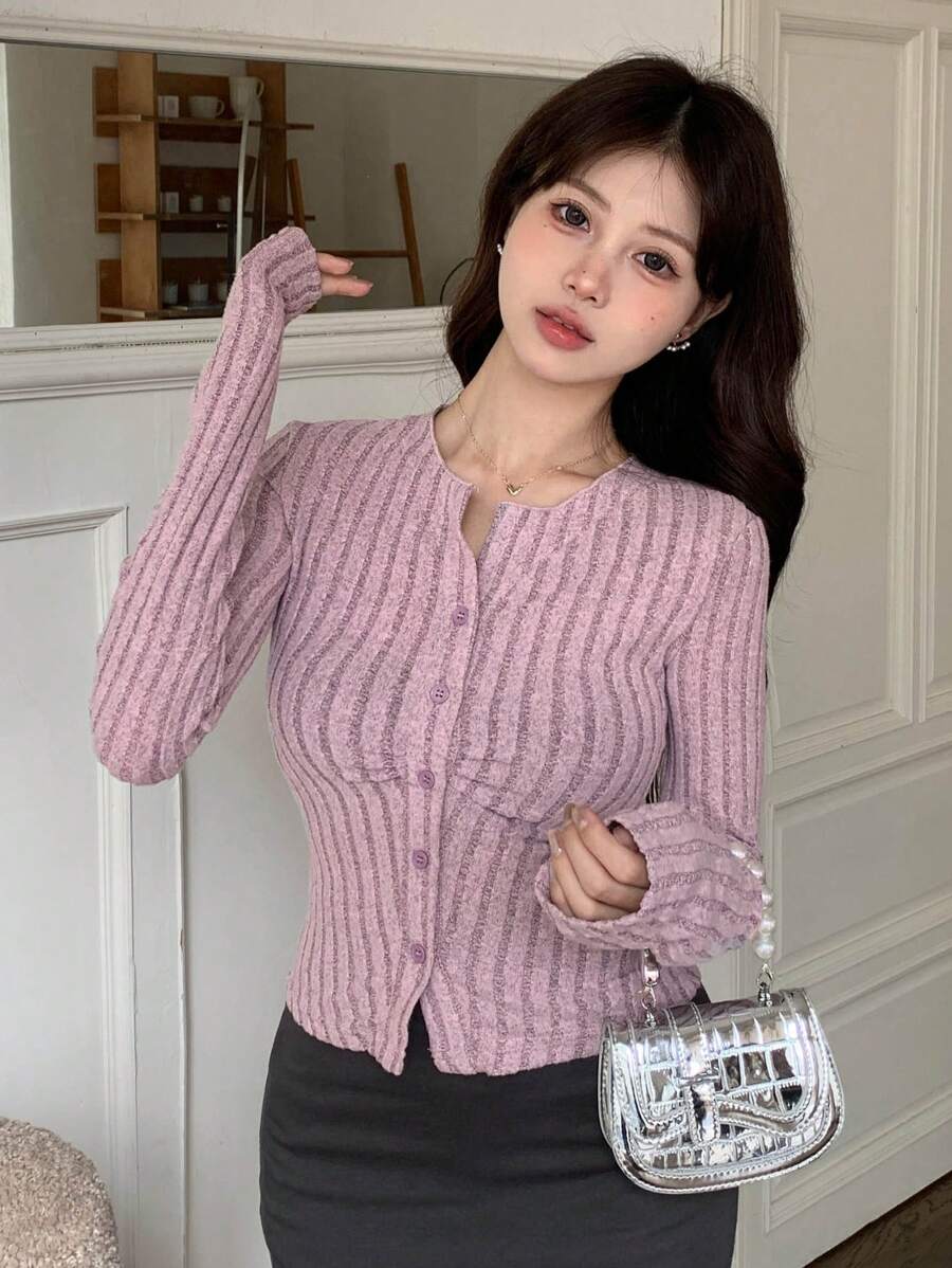 Dazy Star 女式纽扣领拼色罗纹 T 恤长袖女式上衣，秋季女装 - 粉色 - 查看 1