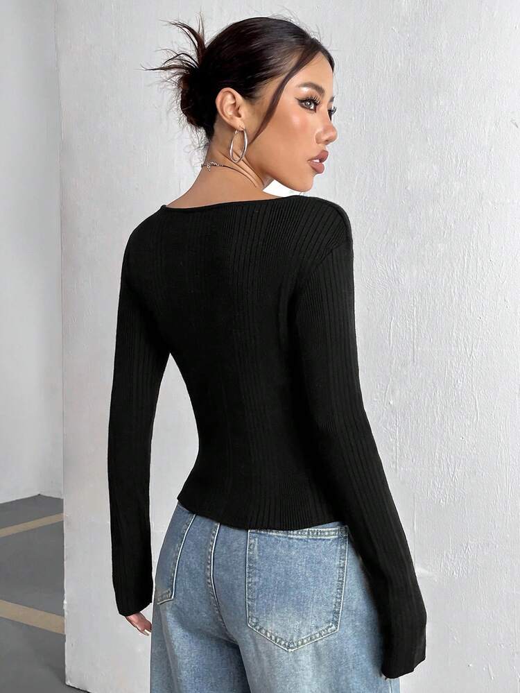 Women's Solid Color Notched-Neck Knit Pullover Fall Winter Sweater