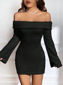 SHEIN EZwear 女士露肩絨毛連身裙 - 黑色 - 查看 4