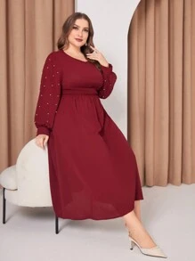 Mulvari 勃艮第红色女士加大码珍珠装饰圆领长袖连衣裙 - 酒紅色 - 查看 3