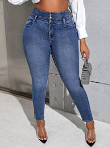 SHEIN Essnce 大尺碼緊身牛仔褲,時尚百搭 - 藍色 - 查看 1