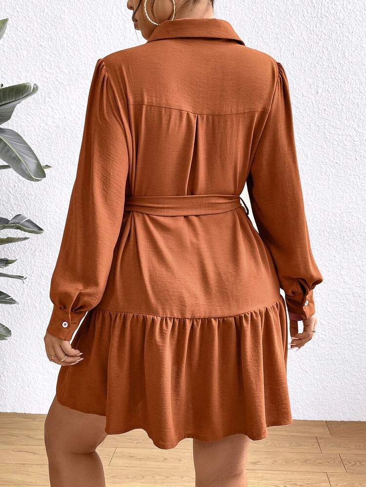 Women's Plus Size Plain Color Button-Front Dress With Ruffle Hem And Collar Fall Cloth For Women