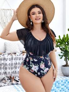 Swim Lushoire 女士大尺碼荷葉邊花卉印花連身泳衣 - 黑色 - 查看 6