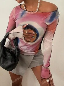 Women's Long Sleeve Fashionable Y2K Ruffle Hem Tie-Dye T-Shirt