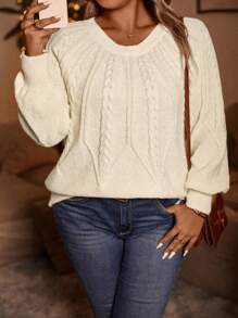 SHEIN LUNE Plus Size Cable Ribbed Sweater Knit Pullover Fall Winter Sweater - Apricot - View 5