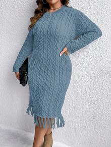 SHEIN LUNE 大碼純色針織流蘇下擺毛衣連身裙 - 霧霾藍 - 查看 4