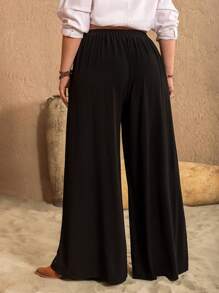 Rusttydustty Plus Size Flower Embroidery Wide Leg Pants - Black - View 2