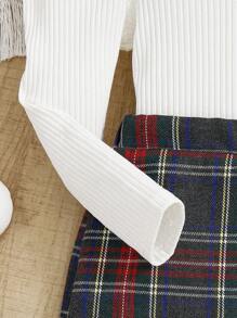 SHEIN Baby Girls' French Vintage Style Knitted Leg-Of-Mutton Sleeve Top & Checked Skirt Set With Elastic Waist And Hat - Multicolor - View 5