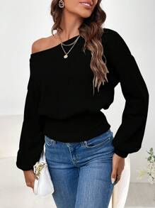 SHEIN Essnce 純色淺肩套頭衫 - 黑色 - 查看 4
