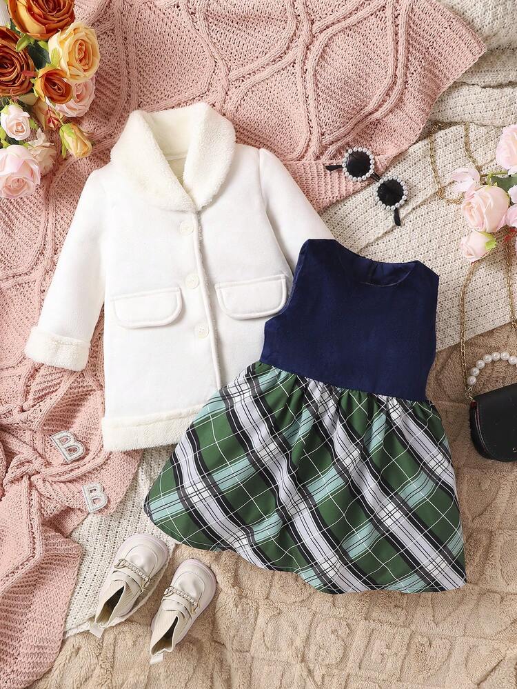 Baby Girls' Plaid Dress And Fuzzy Decorated Coat Set