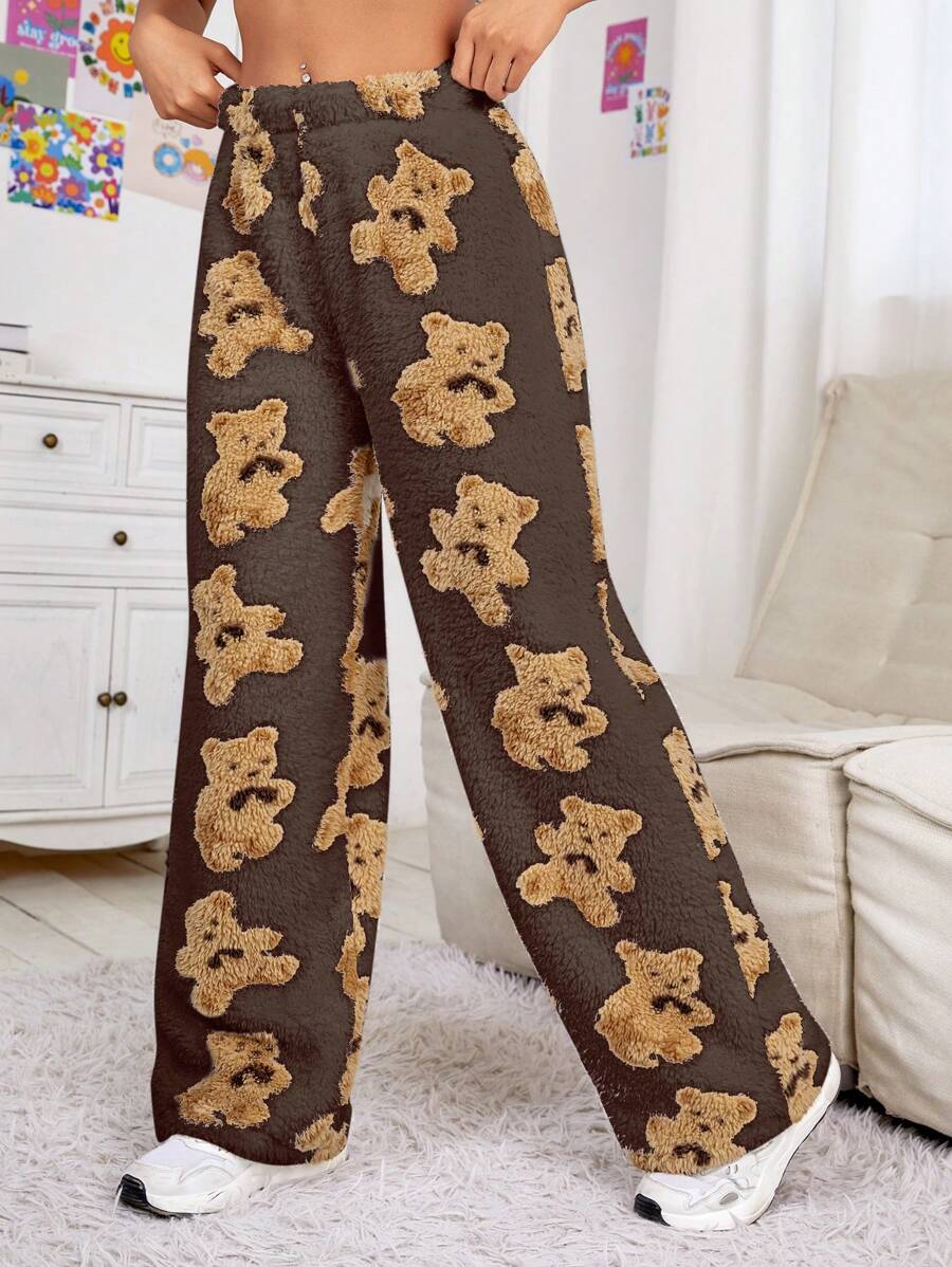 SHEIN EZwear Women's Knitted Pants With Bear Pattern - Coffee Brown - View 1