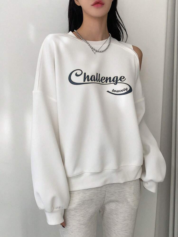 Text Pattern Hollow Out Drop Shoulder Sweatshirt
