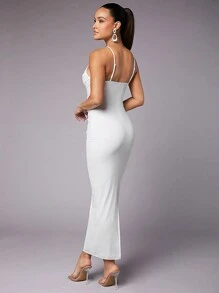 SHEIN BAE 情人節蕾絲吊帶透視露肩白色長款性感女士晚禮服連身裙白色連衣裙 - 白色 - 查看 3