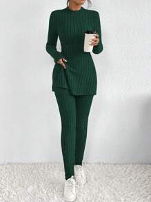 SHEIN Frenchy Mock Neck Split Hem Ribbed Knit Tee & Leggings  Commute Minimalist Office Old Money  Simple Winter Green Casual Christmas Spring - Green - View 4