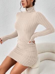 SHEIN Frenchy 女款秋冬高領修身羅紋連身裙 - 米色 - 查看 6