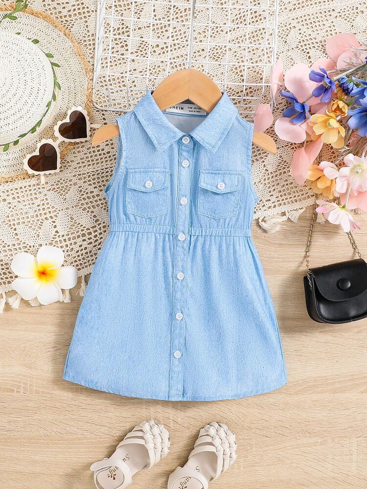 Baby Girls' Casual Denim Effect Sleeveless Dress With Turn-Down Collar And Waist Tie