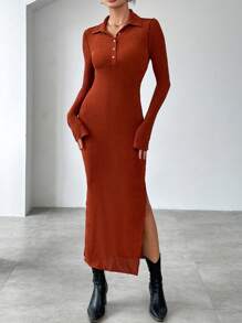SHEIN Essnce Vestido De Mujer Con Cuello De Polo Y Color Sólido - Marrón - Ver 6