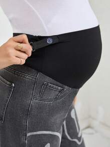 SHEIN Maternity Wide Leg Jeans With Face Print - Grey - View 4