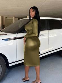 Slaydiva Women's Bodycon Dress With Front Buttons And Hip Package Design