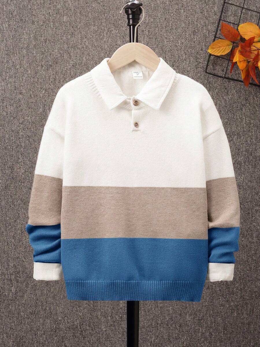 SHEIN Tween Boys寬鬆學院風圓領長袖套頭毛衣 - 彩色 - 查看 1