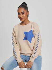 Threesuture Artist Star Pattern Round Neck Drop Shoulder Sweater, For Holiday, Vacation, Festival, Ibiza Fits Knit Pullover Fall Winter Sweater - Multicolor - View 4