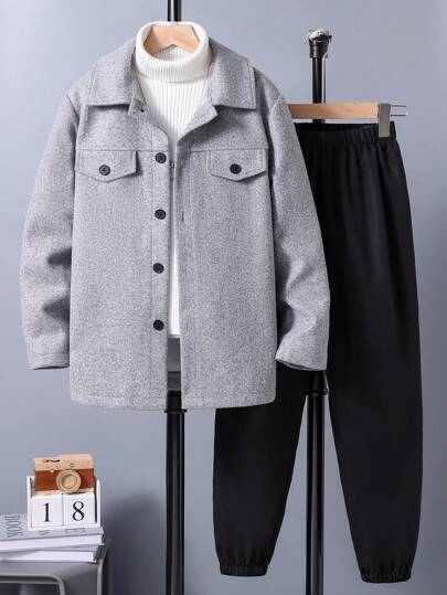 SHEIN Conjunto De Chaqueta Y Pantalón Para Niño Pre-adolescente, Con Cuello De Solapa Vueltas, Detalles De Solapa Y Botones En La Parte Delantera Y Pantalón Jogger
