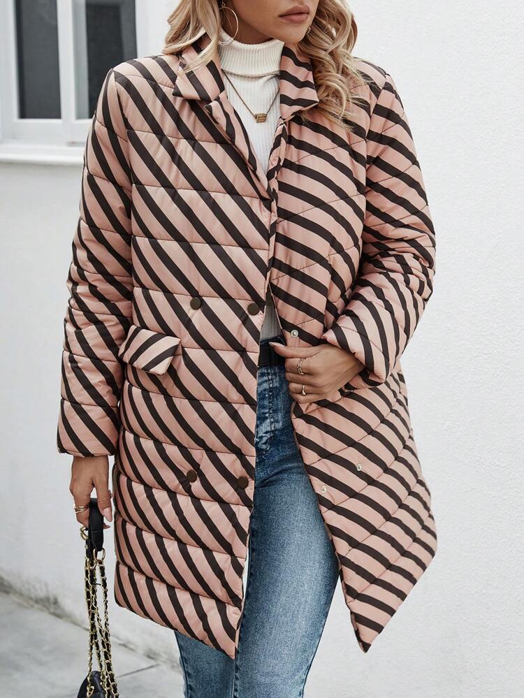 Women'S Press Button Padded Padded Coat Clothes Winter With Diagonal Stripe Print Fall Cloth For Women