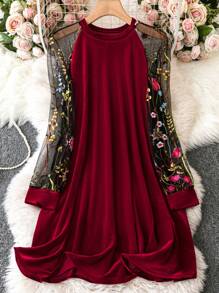 SHEIN Clasi Women's Plus Size Floral Embroidered Mesh Raglan Sleeve Dress - Red - View 1