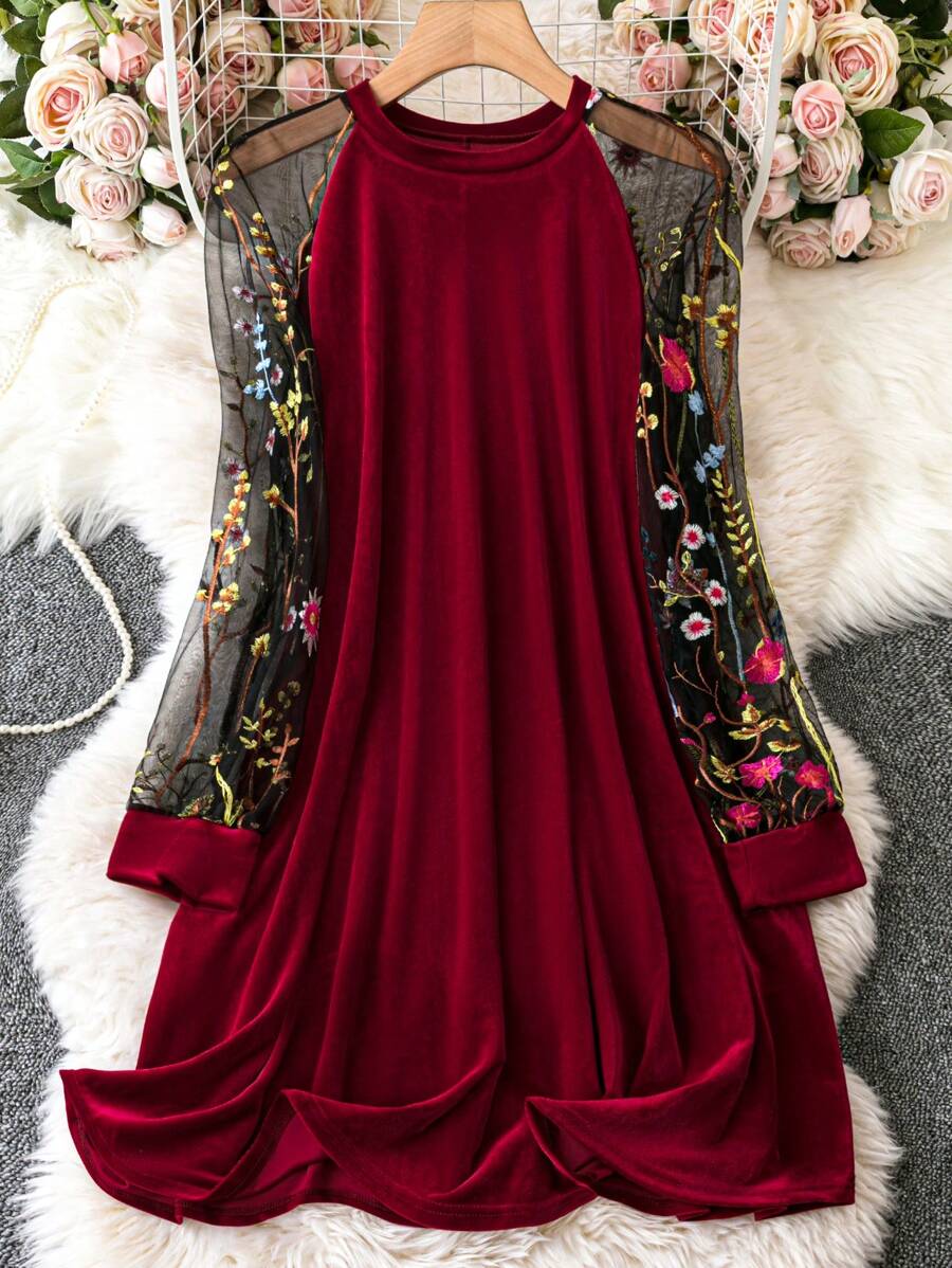 SHEIN Clasi Women's Plus Size Floral Embroidered Mesh Raglan Sleeve Dress - Red - View 1