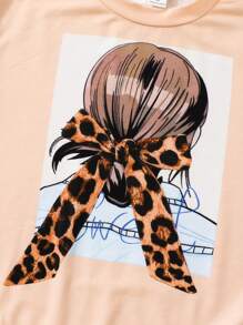 SHEIN Conjunto De Dos Piezas Para Niña Adolescente: Sudadera Con Estampado De Figura Y Pantalones Acampanados Con Estampado De Efecto Denim - Multicolor - Ver 4