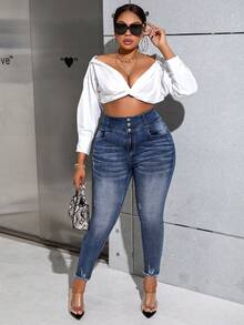 SHEIN Essnce 大尺碼毛邊設計緊身牛仔褲 - 藍色 - 查看 3