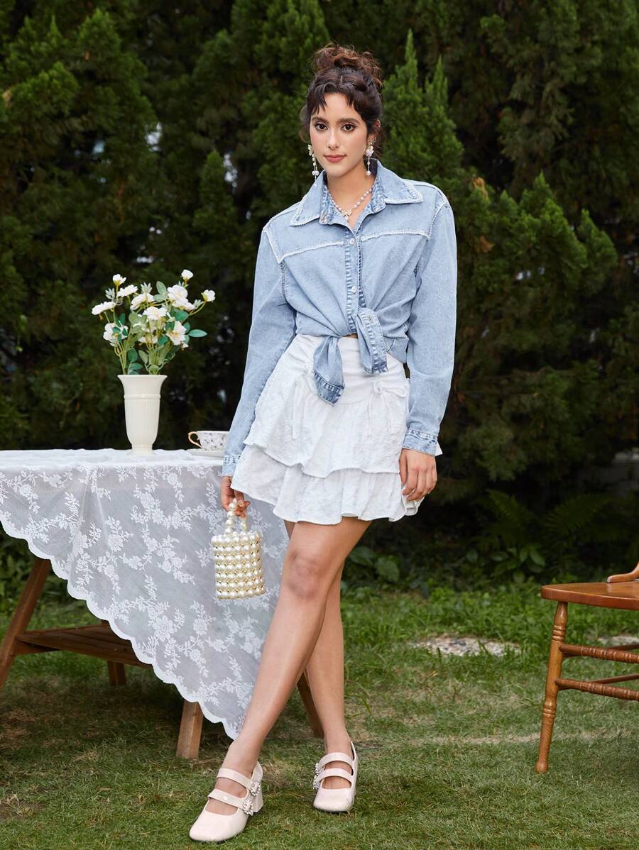 SHEIN MOD Women's Casual Denim Top With Fringe Design - Light Wash - View 1