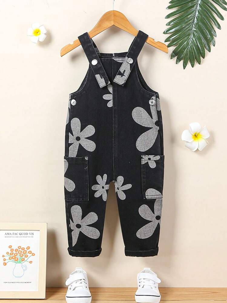 Baby Girls Cute Summer Holiday Black Wash Floral Prints Relax Denim Overalls, The Best Daily Fashion Outfits