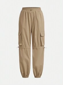 SHEIN 少女固色編織豬鼻扣束口口袋褲 - 卡其色 - 查看 1