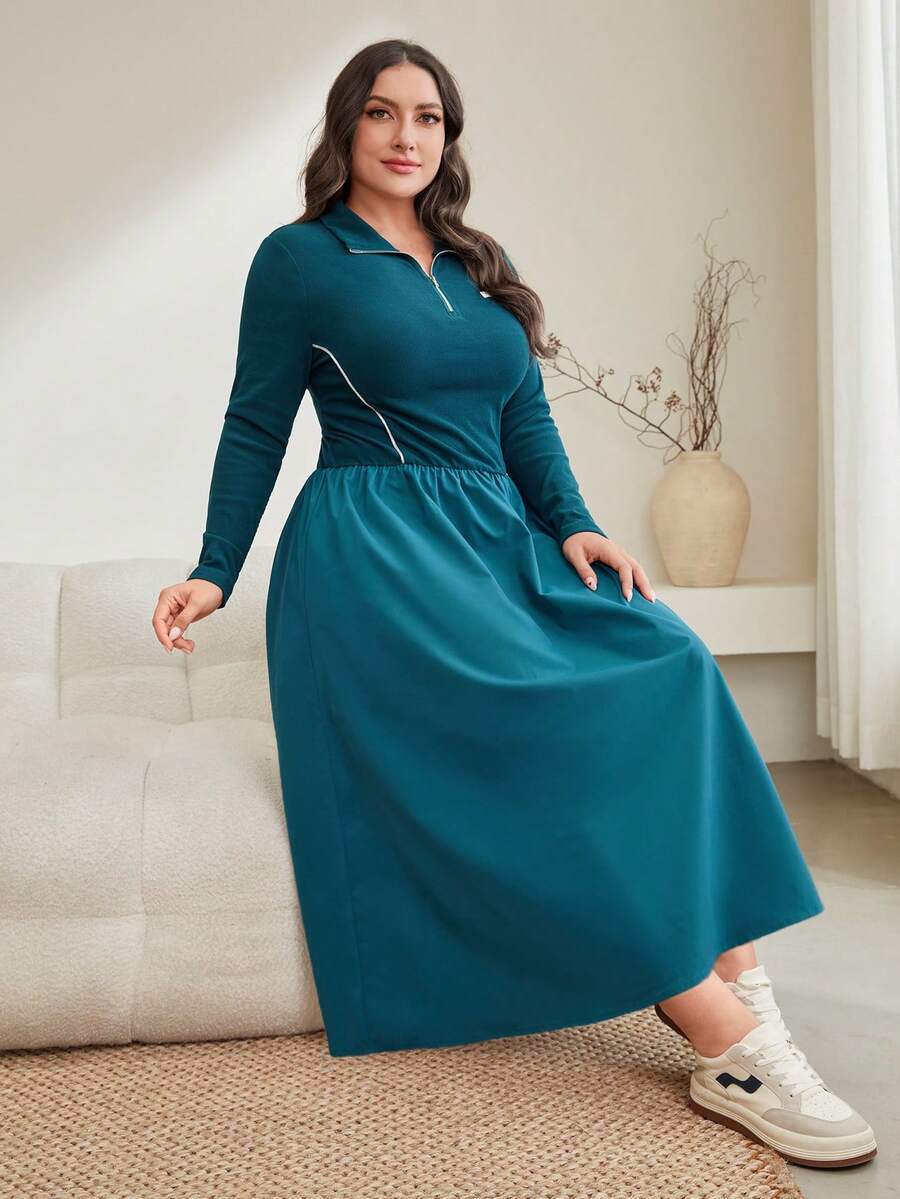 Mulvari Của phụ nữ Kích thước lớn Dây kéo nửa Đầm Với Túi - màu xanh lá - Xem 1
