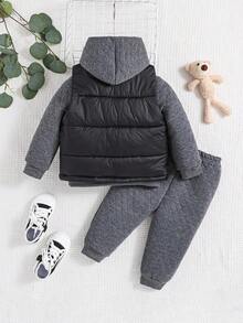 SHEIN 男嬰卡通圖案連帽衫和運動褲&夾克背心 - 黑色 - 查看 2