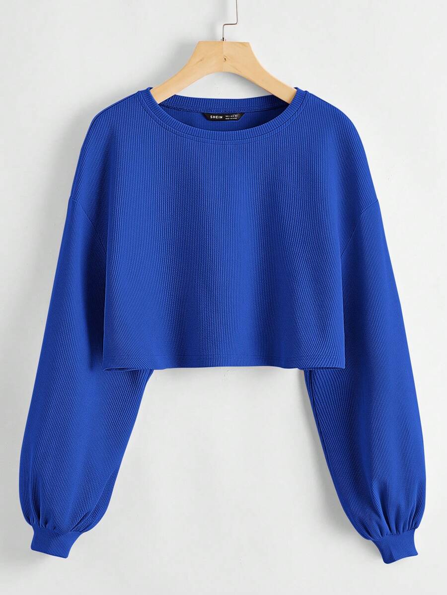 SHEIN EZwear Women's Solid Color Drop Shoulder Crop Top T-shirt - Royal Blue - View 1
