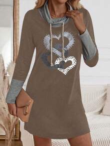 SHEIN LUNE Của phụ nữ In Trái tim Tay áo dài Dây rút Đầm - Màu nâu  Mocha - Xem 6