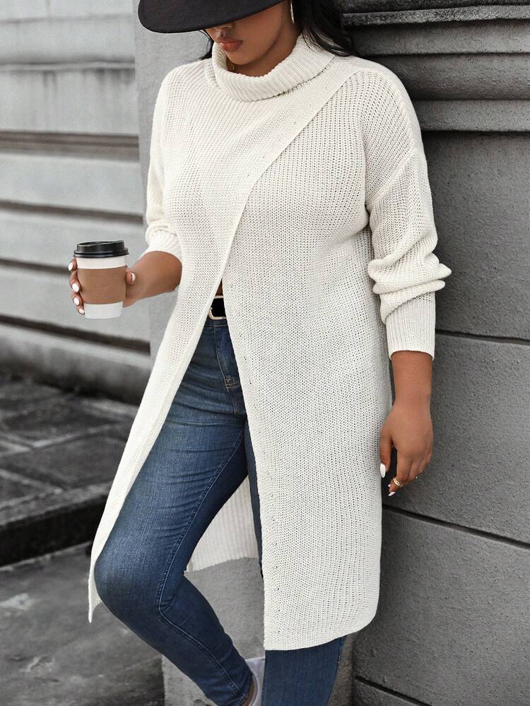 Women's Plus Size Solid Color High Neck Drop Shoulder Split Hem Sweater Knit Pullover Fall Winter Sweater