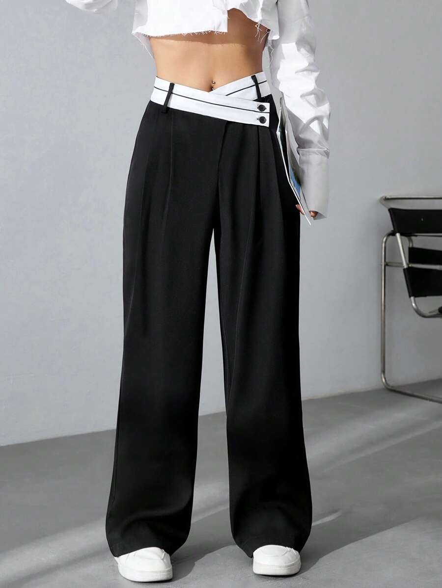 Flirla Women's Color Block Wide Leg Pants Wide Pantspants>Wide Legwide Leg Pantswide Leg Pants Womanwide Leg Pants Girls Fall Cloth For Women