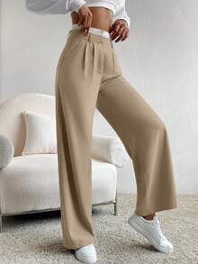 SHEIN EZwear Viền tương phản & Xếp li Quần váy - Màu Khaki - Xem 4