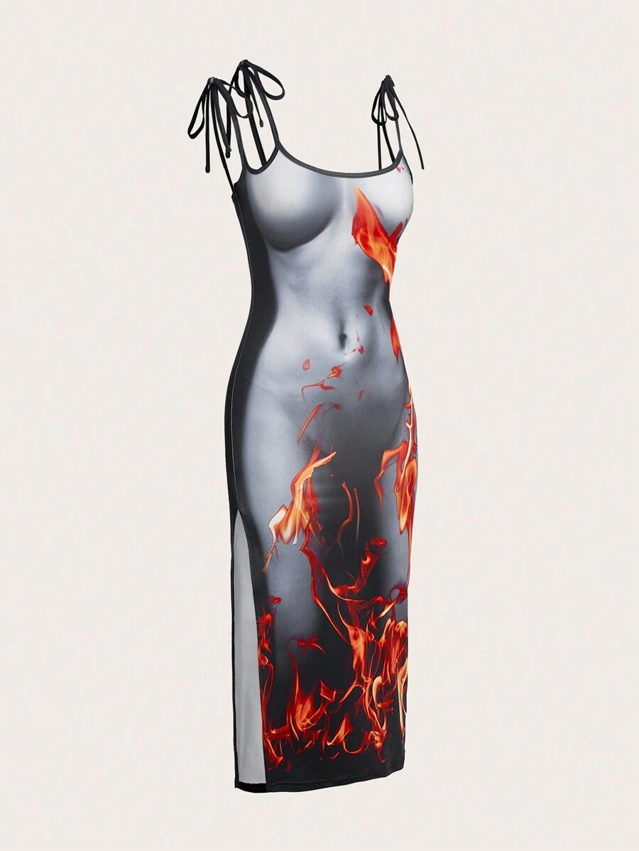 SHEIN ICON Women's Body Silhouette Printed Cami Dress With Flame Pattern - Multicolor - View 1