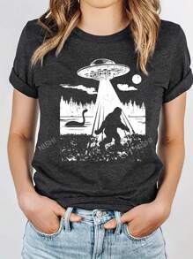 Camiseta de mujer de manga corta, cuello redondo, con estampado de OVNI, corte holgado