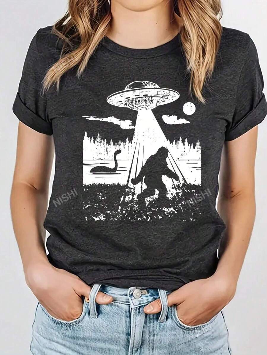 Camiseta de mujer de manga corta, cuello redondo, con estampado de OVNI, corte holgado