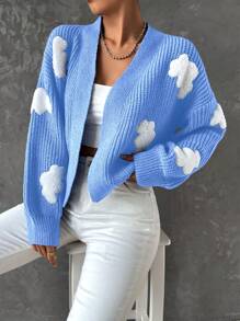 SHEIN Unity Áo khoác cardigan trễ vai họa tiết đám mây - Xanh và trắng - Xem 4