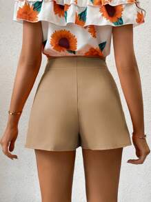 SHEIN Privé 女士側鈕裝飾安全褲短裙 - 卡其色 - 查看 2