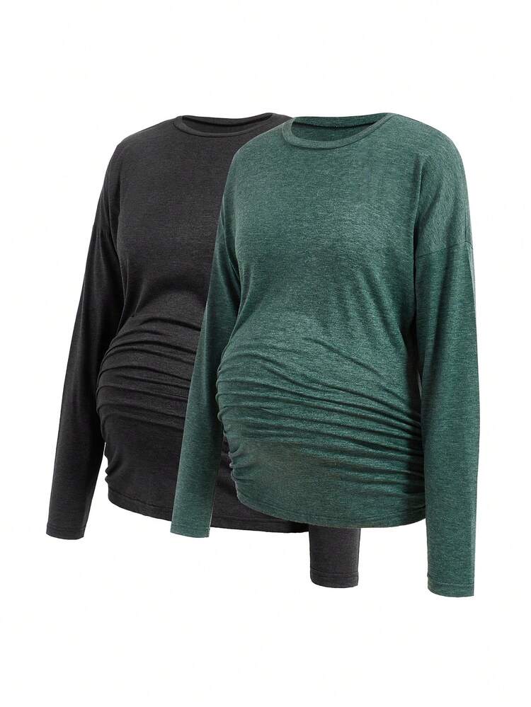 2pcs Solid Color Pleated Drop Shoulder Maternity T-Shirt