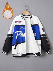 SHEIN EZwear 字母图案拼色落肩条纹饰边夹棉大衣 - 彩色 - 查看 1